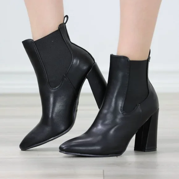 Womens High Heel Ankle Boots Pointed Toe Elastic Gore Booties Synthetic Leather - Picture 6 of 12